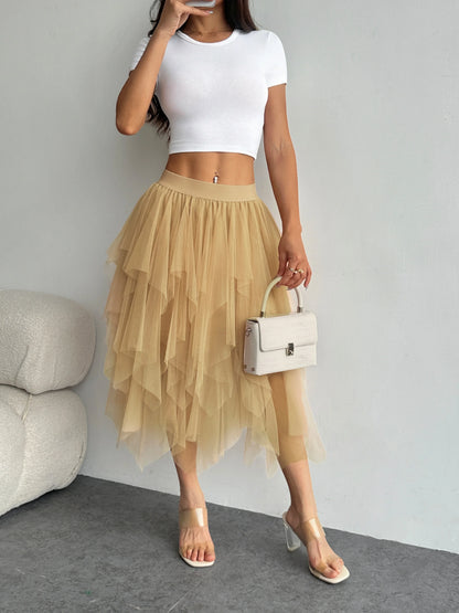 Ladies' high waisted elastic waist layered chiffon midi skirt with irregular asymmetric hem party casual mesh fairy ballet skirt