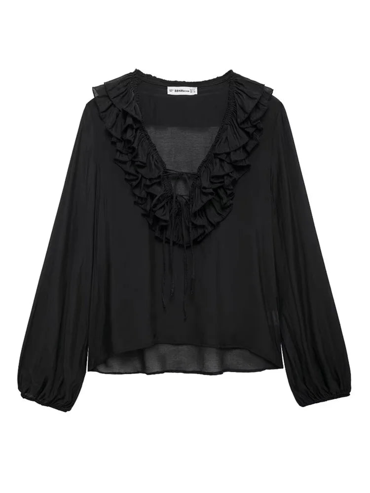 Women Fashion Long Sleeve V Neck Tierred Ruffles Loose Blouse Female Solid Color Casual Shirts Blusas Chic Tops LS6317