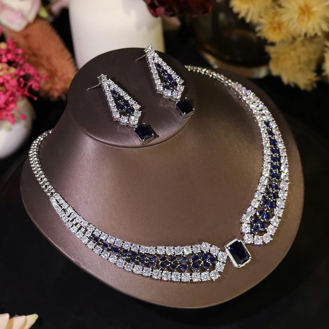 Conjuntos de joias de casamento da moda Brilhante Vermelho e branco incrustado com colar e brincos de cristal CZ 2PCS Acessórios para festa de noiva
