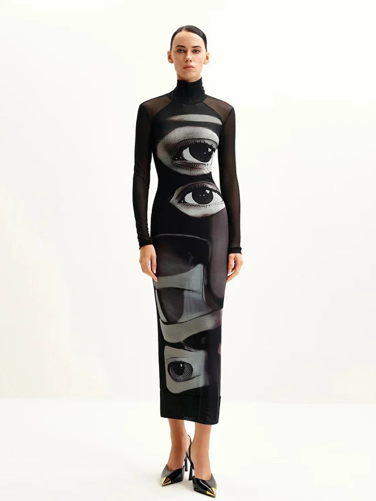 Fashion Women's Maxi Dresses Printed Turtleneck Regular Long Sleeves Sheath Slim Fit Eyes Causal Streetwear Vestidos