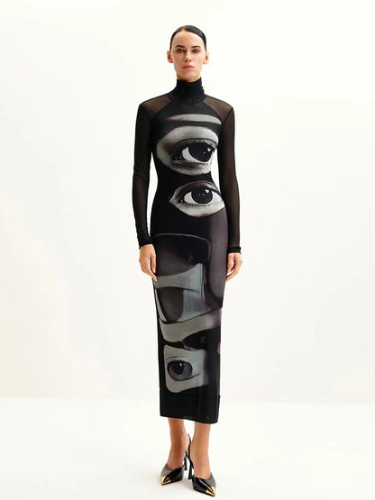 Fashion Women's Maxi Dresses Printed Turtleneck Regular Long Sleeves Sheath Slim Fit Eyes Causal Streetwear Vestidos