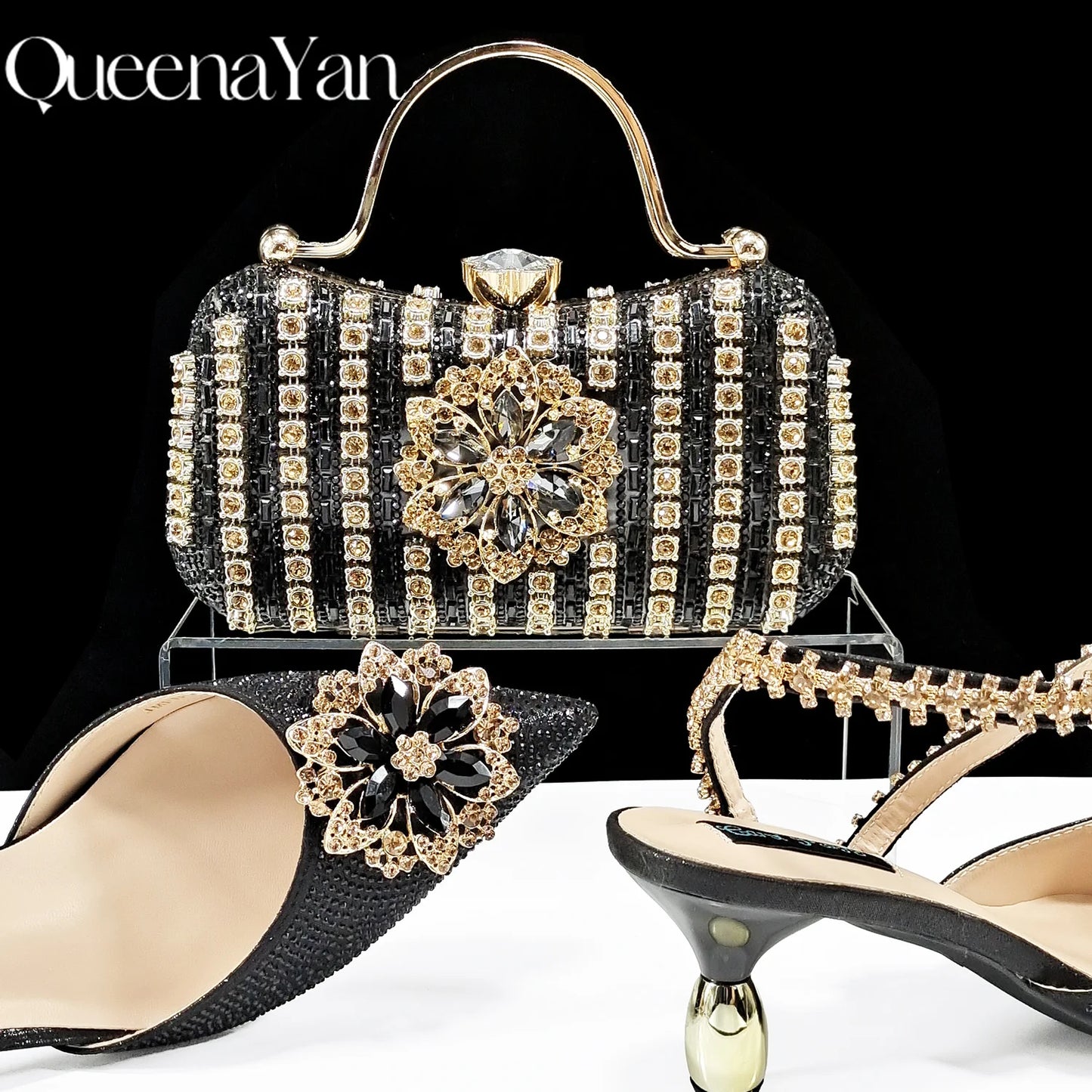 Party Perfection: Rhinestone-Embellished Heels and Gold Mini Bag for Elegant Nights
