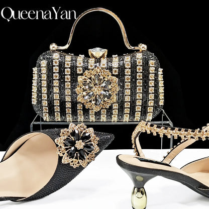 Party Perfection: Rhinestone-Embellished Heels and Gold Mini Bag for Elegant Nights