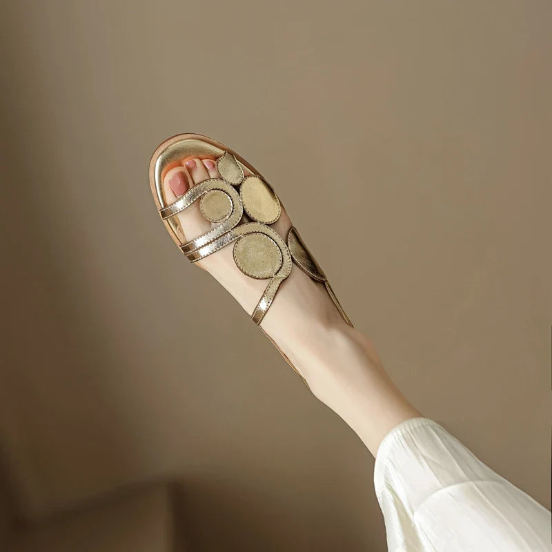 Women's New Round Head Spring/Summer Genuine Leather Sheepskin Spliced Low Heel Large Size Elastic Open Toe Sandals