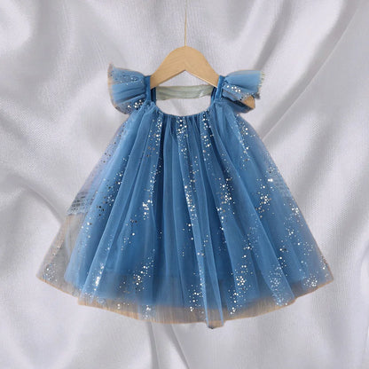 2026 Summer 1-5Y Korean Style Girls Suspender Dress Kids Flutter Sleeve Mesh Breathable Daily Party Dress Children Clothes