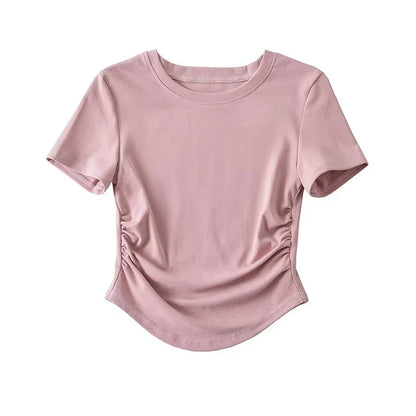 Harajuku Women Crew Neck Short Sleeve Cotton Tee With Ruched Sides Detail T-shirts