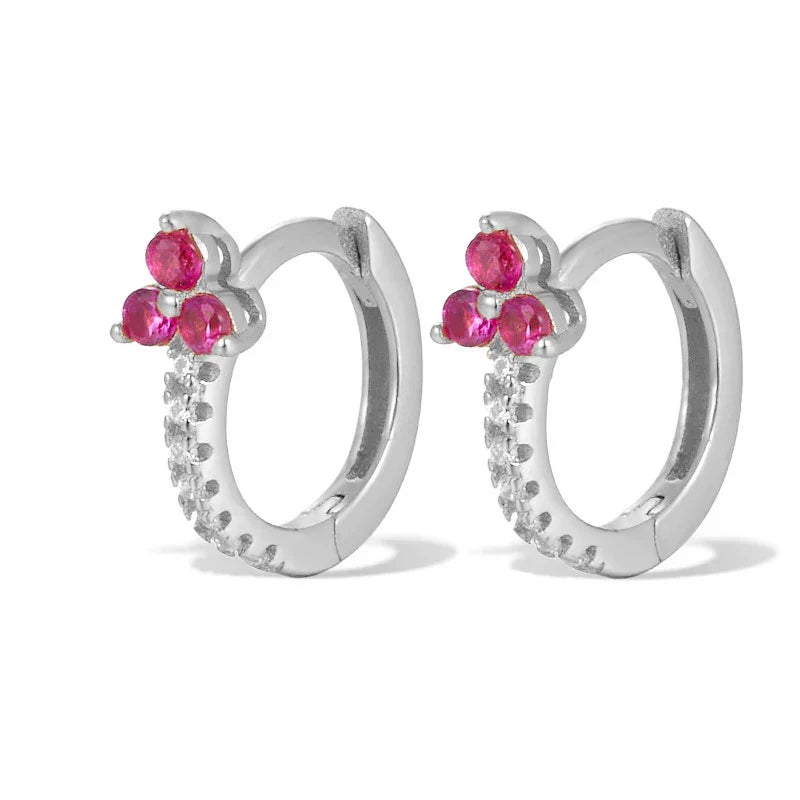 925 Sterling Silver Romantic Color Zircon Three-petal Flower Stud Earrings for Women Fashion Huggies Piercing Jewelry
