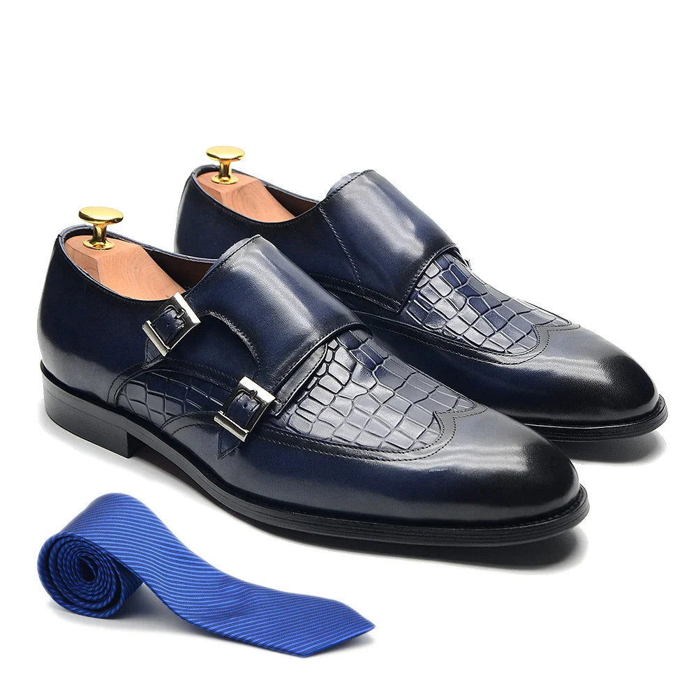 Classic Men's Genuine Leather Dress Shoes Double Buckle Monk Strap Wingtip Crocodile Print Business Office Formal Footwear Man