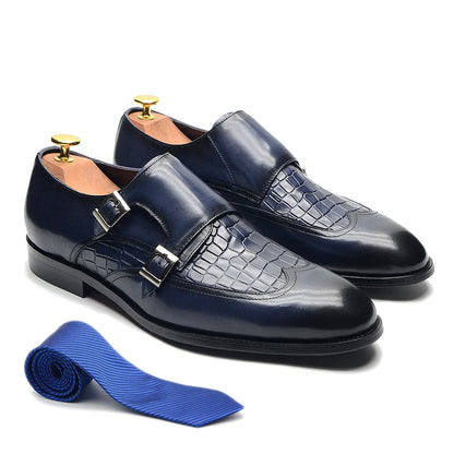 Classic Men's Genuine Leather Dress Shoes Double Buckle Monk Strap Wingtip Crocodile Print Business Office Formal Footwear Man