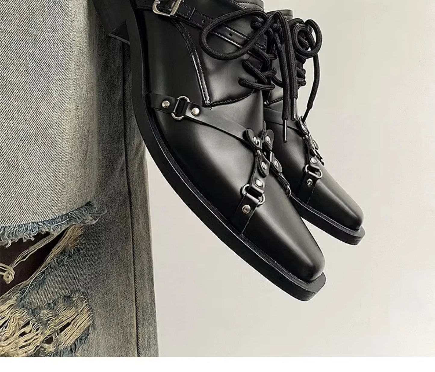 Men's formal leather shoes pointed niche design dark style Oxford shoes strap metal decoration business casual derby shoes