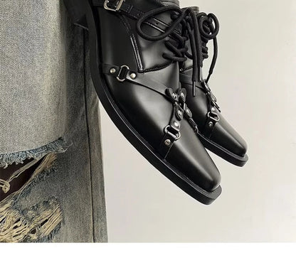 Men's formal leather shoes pointed niche design dark style Oxford shoes strap metal decoration business casual derby shoes