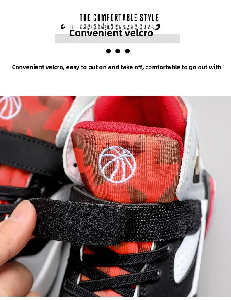 Children Summer High Top Basketball Shoes Boy Breathable Anti Slip Casual Sneakers Man Velcro Non Slip Rebound Kid Running Shoes