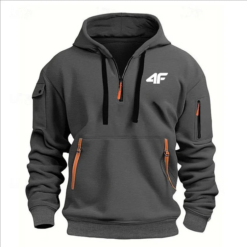 Men's hooded sweater casual sports jumper vintage Harajuku long sleeve zipper multi-pocket casual loose coat Street