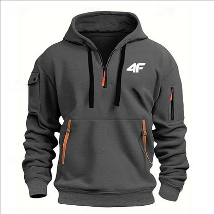 Men's hooded sweater casual sports jumper vintage Harajuku long sleeve zipper multi-pocket casual loose coat Street
