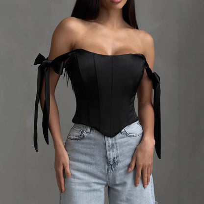 Bandage White Corset Top Women Elegant Black Satin Bustier Fishbone Zip Sexy Sleeveless Streetwear Fashion Summer Blue Clothes