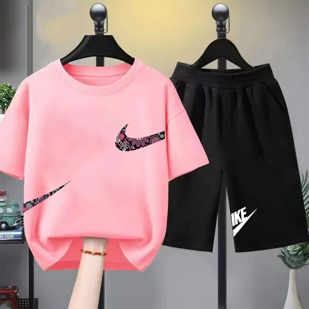 Print black white Short Sleeve Children's T-shirt Set Sports Fashion Boys Girls tops+Shorts Casual Kid new Summer Set