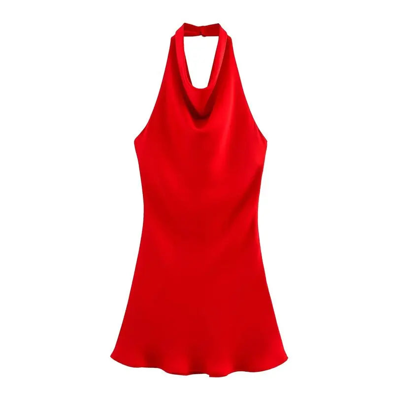 Silk Satin Texture Summer New Arrival Women's  Dr Hanging Ne Collar Gown Soft A-Line Skirt High Waist Pure Color