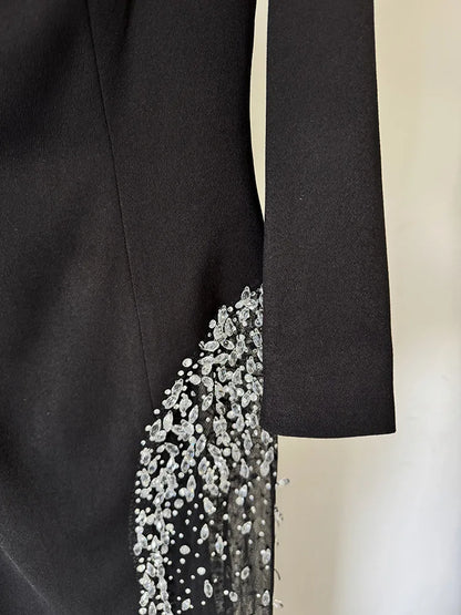 Designer Vestido Women's Diamonds Beaded Slash Neck Off The Shoulders Patchwork Gauze Long Maxi Dress