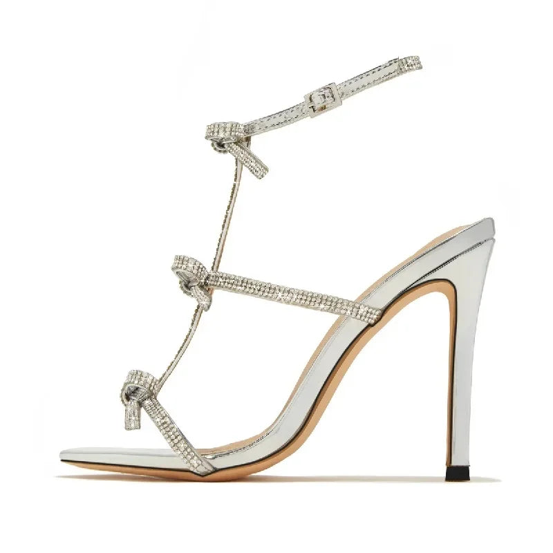 Aneikeh Fashion CRYSTAL Butterfly-knot Buckle Strap Woman Sandals Round Toe Stiletto High Heels Stripper Party Ladies Shoes