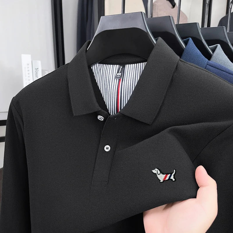 100% pure cotton autumn high-end luxury men's brand long sleeved polo shirt original embroidered dog design golf top T-shirt
