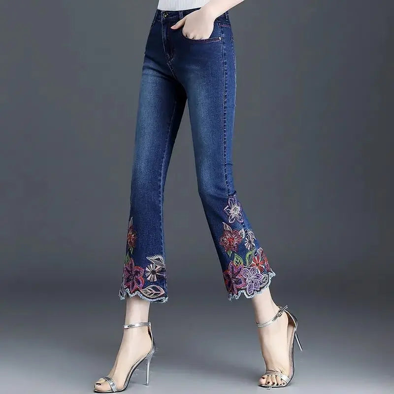 Women Embroidery Flowers Flare Jeans