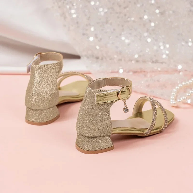 Children Summer Sequins High Heels Sandals Non-slip 2026 New Gold Princess Causal Girls Open-toe Sandals Fashion Kids Sandals