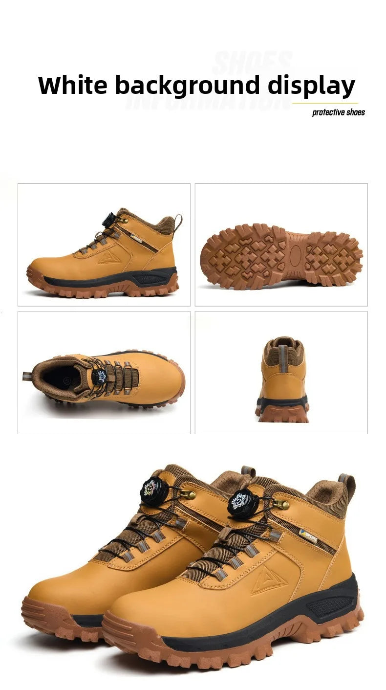 Brown Waterproof Safety Boots Men Indestructible Steel Toe Work Boots Anti-smash Stab-resistant High-top Knob Adjustable