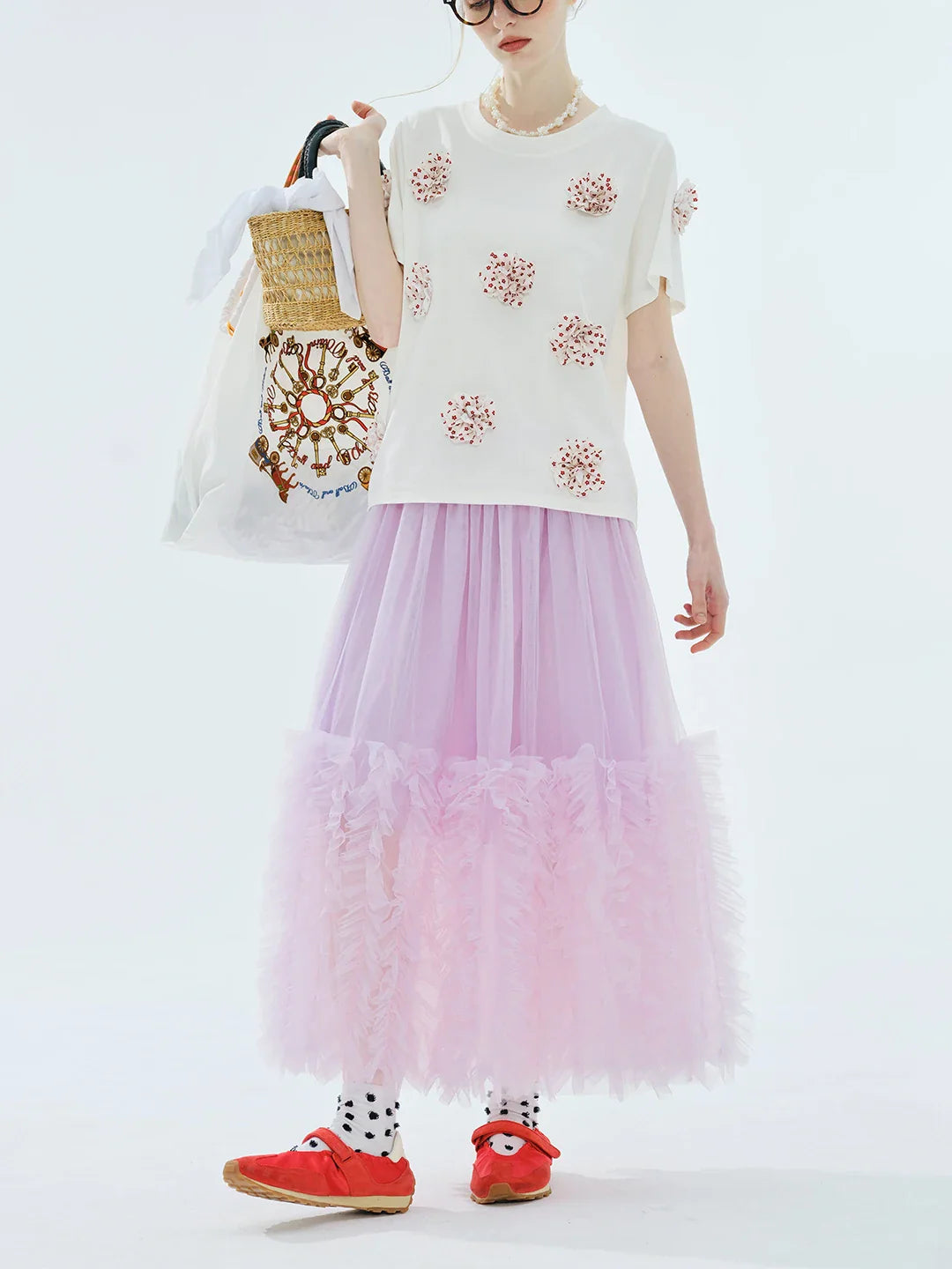 Women's Light Purple Tulle Midi Skirt with Ruffled Hem Elastic Waist Casual Fairy Style Summer  Flowy A-Line Skir 255106