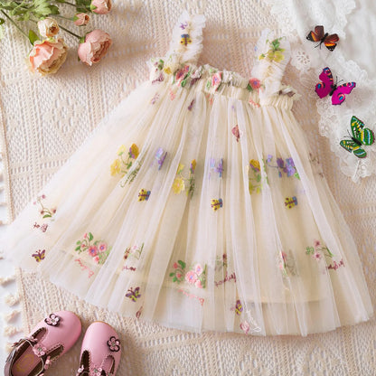 Outdoor Summer Cute Princess Dress Toddler Baby Girls Embroidery Flower Suspender Mesh Dresses Birthday Party Princess Dresses