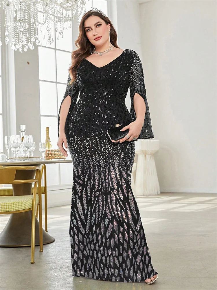 Vestido de Festa Elegante Plus Size com Lantejoulas Preto 2025 Feminino Formal Maxi Baile Mangas Compridas Festa Luxuoso Coquetel