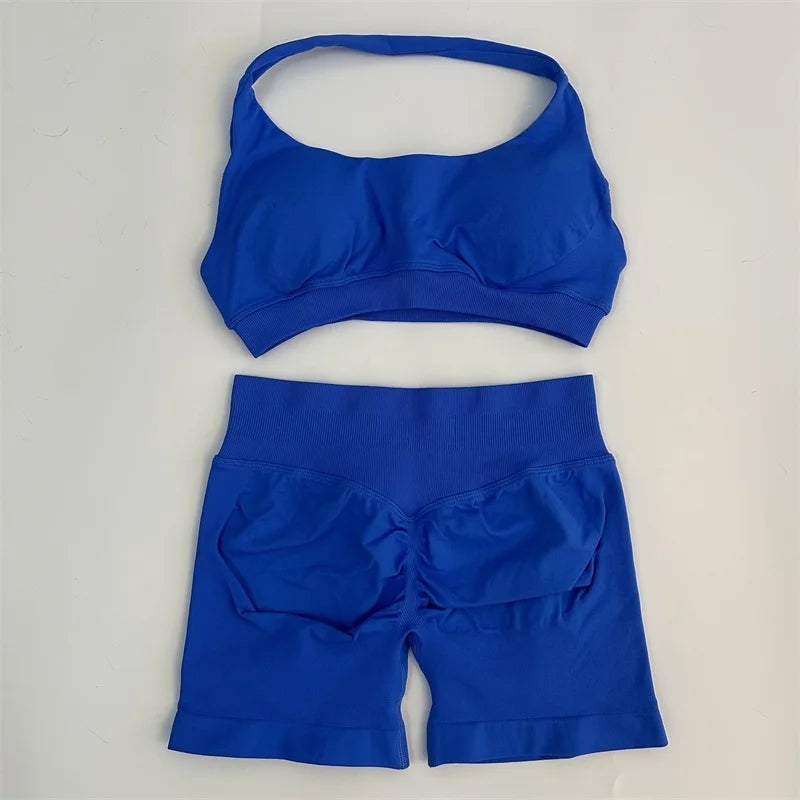 Yoga Shorts Set Seamless Yoga Set Workout Scrunch Shorts Sets Halter Sports Bra Scrunch Shorts Fitness Clothes Gym Suit