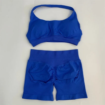 Yoga Shorts Set Seamless Yoga Set Workout Scrunch Shorts Sets Halter Sports Bra Scrunch Shorts Fitness Clothes Gym Suit