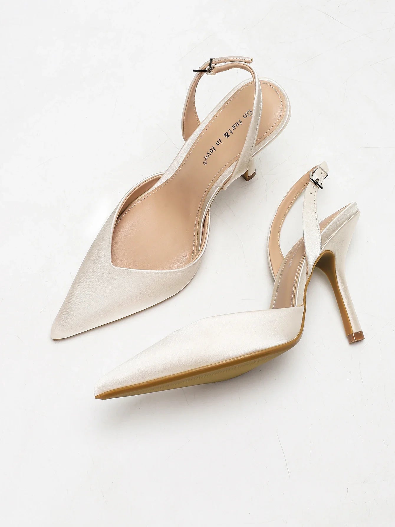 Women's Ivory Satin Pointed-Toe Slingback Heeled Sandals