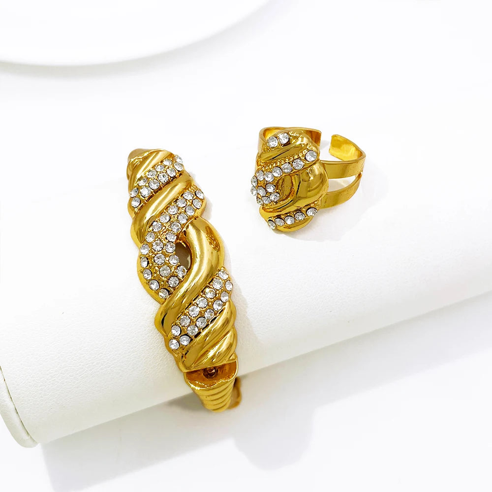 4 Pcs Wedding Jewelry Set Fine Zircon Necklace Bracelet Earring Ring For African Dubai Gold Plated Jewellery Accessories