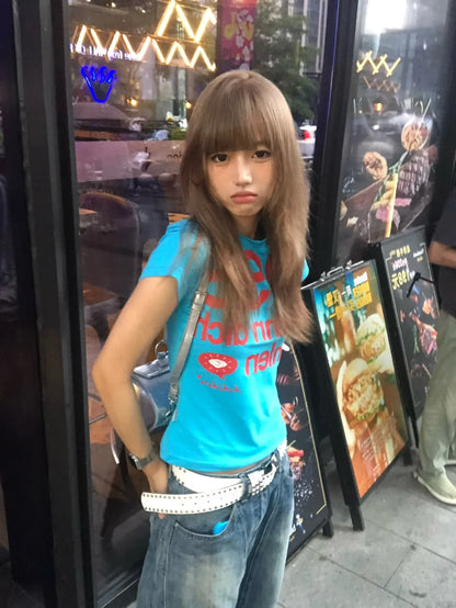 Japanese Y2k Letter Print T-shirt Trashy 2000s Style Crop Top Vintage Harajuku Short Sleeve Tee Shirt American Retro 90s