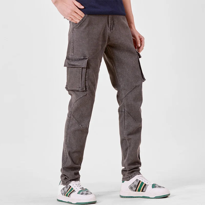 Men's Jeans Street Style Waist Denim Cargo Pants Solid Color Washed Slim Fit Casual Jeans with Multiple Pockets for Daily Wear