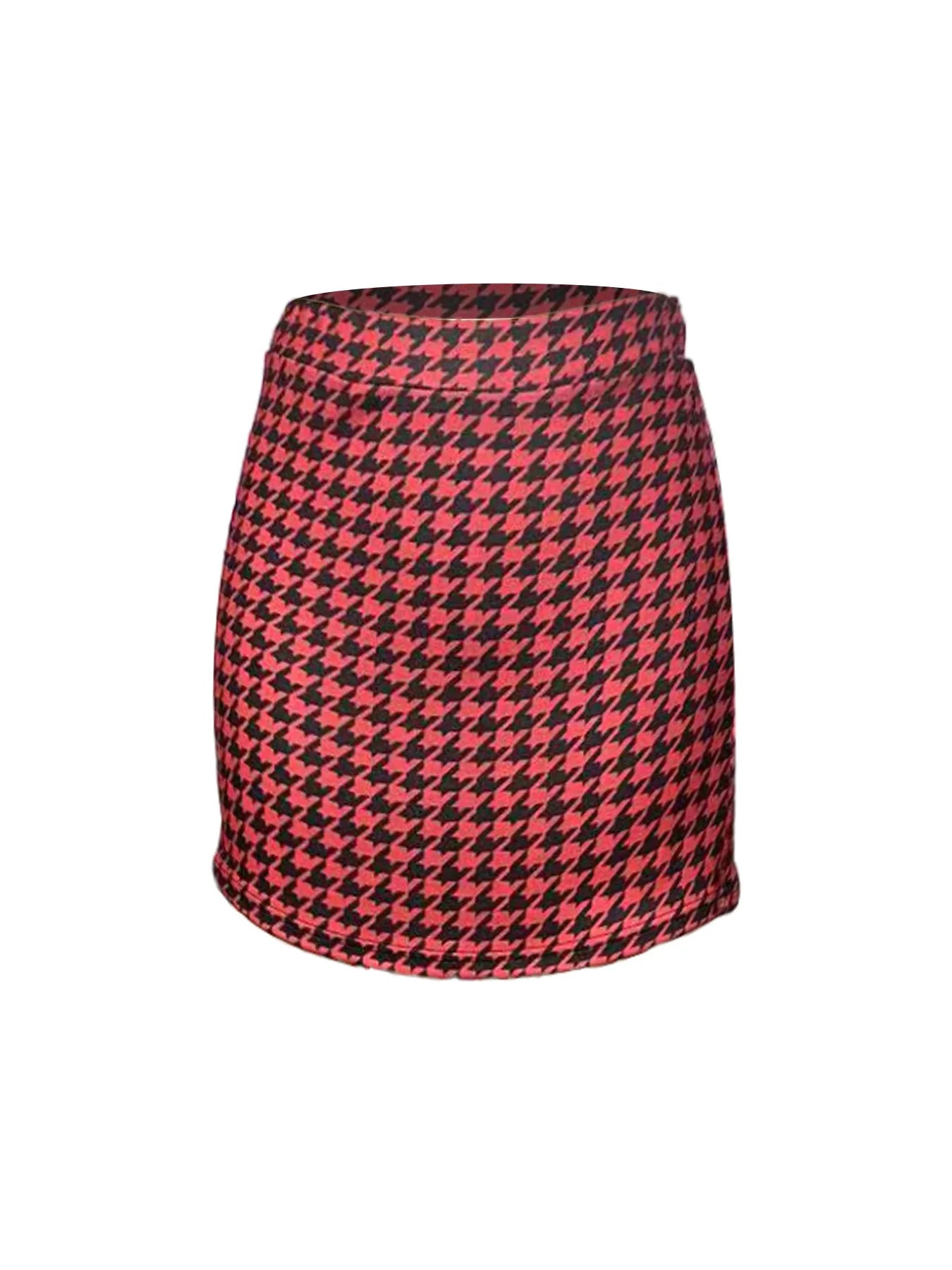 Elegant high-waisted short skirt with a stretch waist in a thousand bird pattern, hugging the hips.