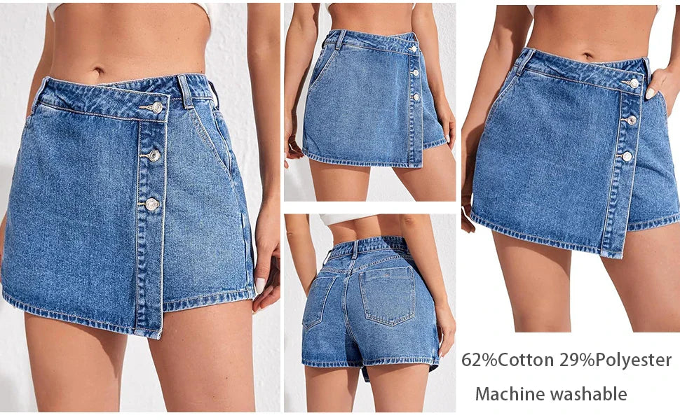 Women's High Waisted Denim Skort Asymmetric Button Detail Frayed Hem Skirt Shorts Summer Casual Streetwear Trendy Outfits