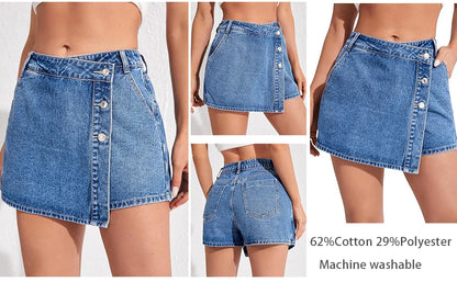 Women's High Waisted Denim Skort Asymmetric Button Detail Frayed Hem Skirt Shorts Summer Casual Streetwear Trendy Outfits