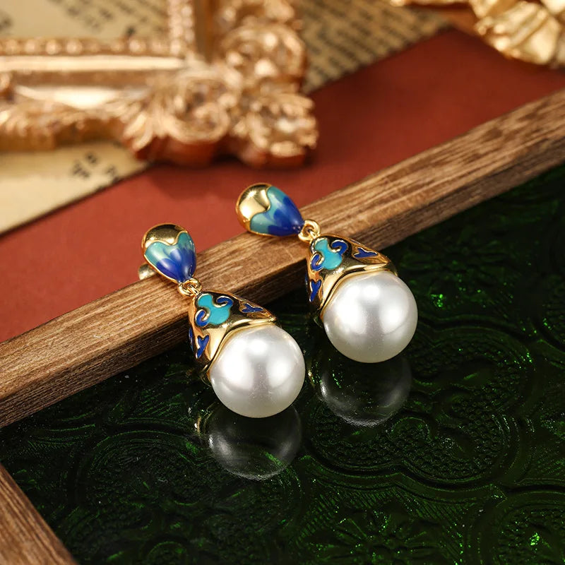 Jewelry Spring New Grid Enamel Earrings Simulated Pearl Dropping Oil Retro Style Earrings Women's Party Festival Gift