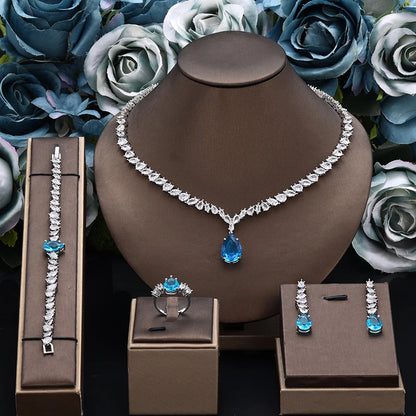 Luxury Cubic Zirconia Jewelry Sets for Women Wedding Bridal 4PCS Drop Necklace Earrings Set Party Gift