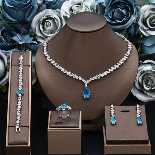 Luxury Cubic Zirconia Jewelry Sets for Women Wedding Bridal 4PCS Drop Necklace Earrings Set Party Gift