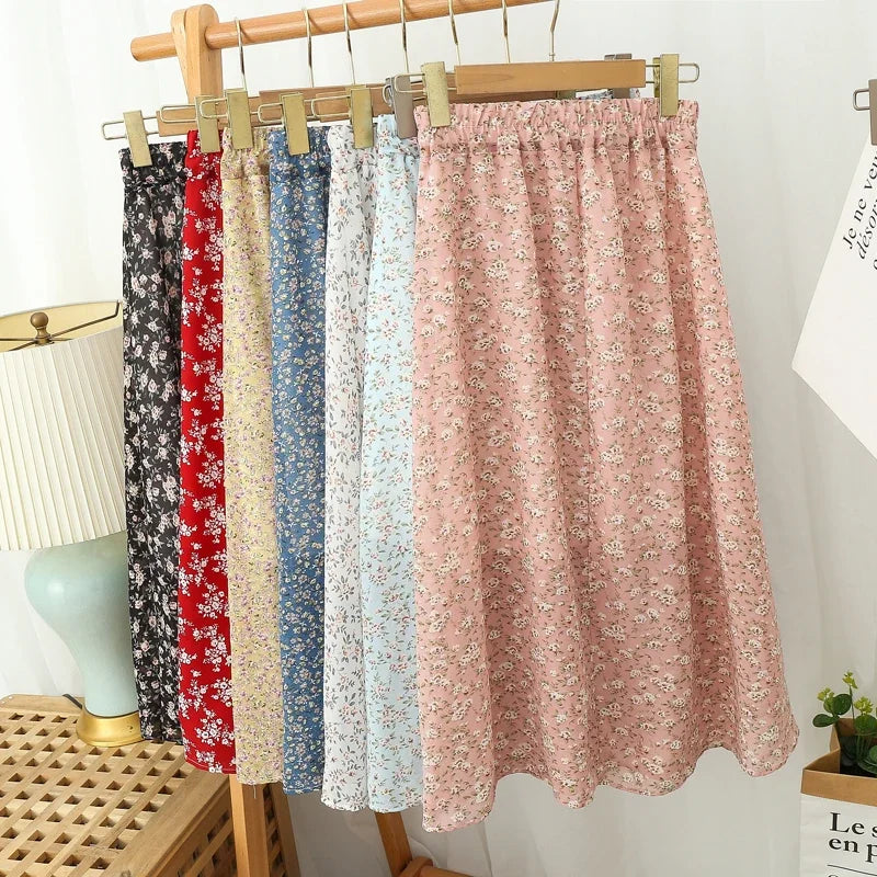 Women's Summer Skirts Vintage Floral Printed Chiffon Skirts High-waisted Elastic Waist Relaxed Mid-length Skirts Beach Skirts