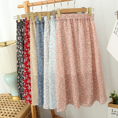 Women's Summer Skirts Vintage Floral Printed Chiffon Skirts High-waisted Elastic Waist Relaxed Mid-length Skirts Beach Skirts