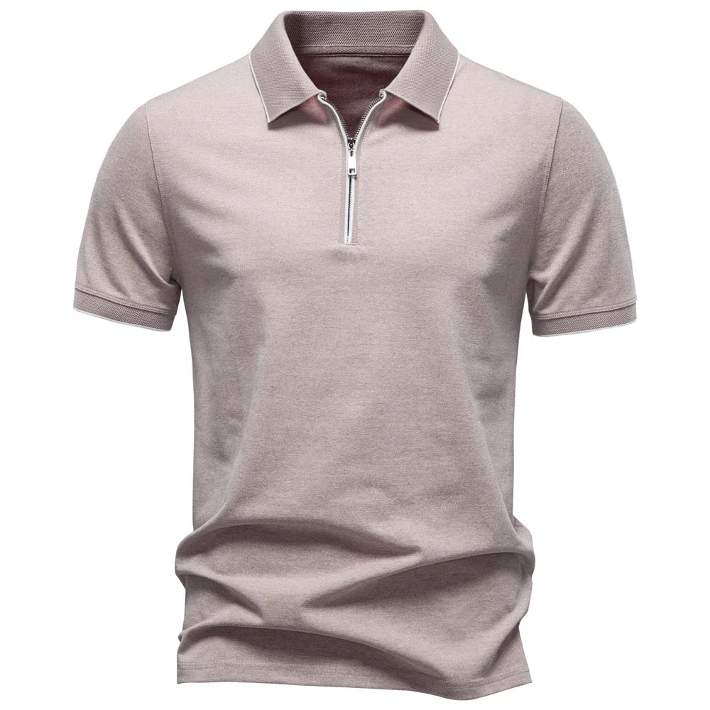 2026 Men's Cotton Blend Polo Shirts Short Sleeve Zippered Soft Breathable Lightweight Casual Solid Color Polo Shirt for Men