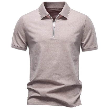 2026 Men's Cotton Blend Polo Shirts Short Sleeve Zippered Soft Breathable Lightweight Casual Solid Color Polo Shirt for Men