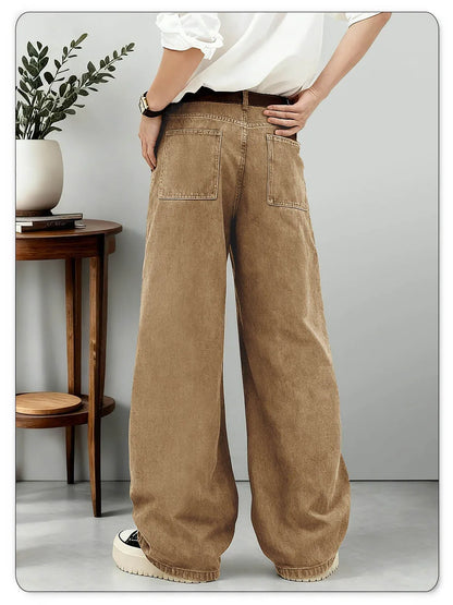 American Men's Retro Brown Ultra Baggy Wide Leg Jeans Street Casual Embroidery Oversized Men's Clothes Unisex Denim Pants