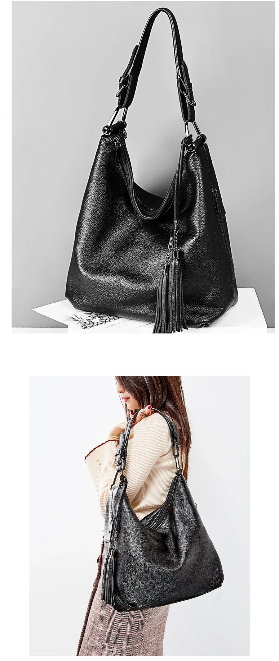 Fashion Tassel Women Shoulder Bag 100% Genuine Leather Daily Shopping Hobos Classic Large Red Tote Handbag Crossbody Bag