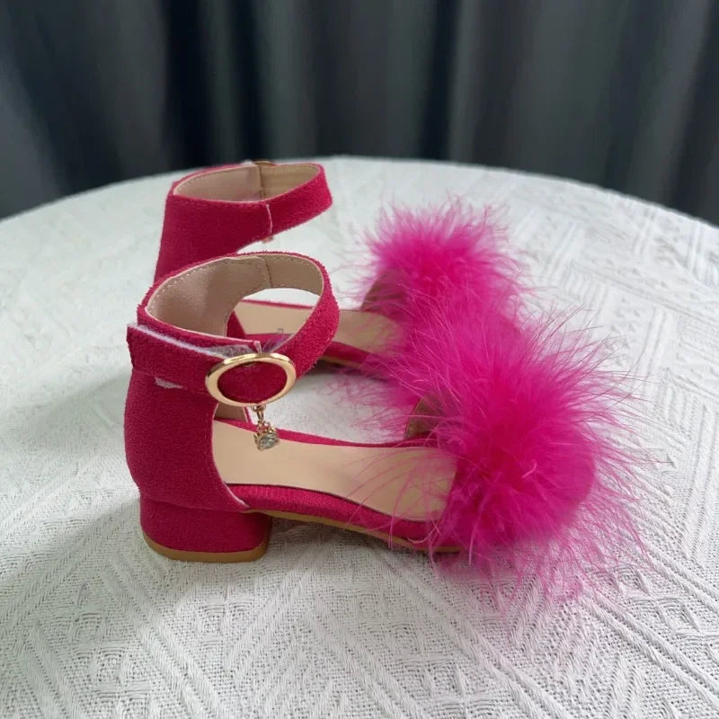 Toddler Girls Sandals Summer Low-heels Children's Sandals Open-toe Princess Fluffy New Versatile Kids Fashion Ankle-strap Shoes