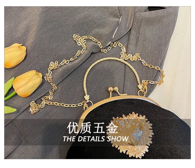 Velvet Frame Heart Dinner Hand Bags Diamonds Chains High Quality Shoulder and Crossbody Bags for Women 2024 Fashion Hot Sale